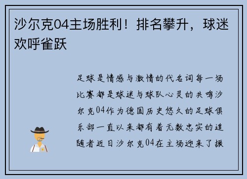 沙尔克04主场胜利！排名攀升，球迷欢呼雀跃